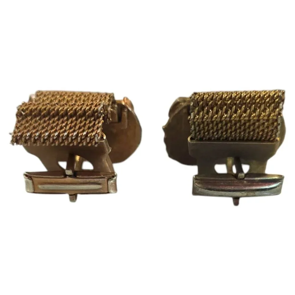 Vintage Cats Eye Chainmail Cufflinks Rectangle Bronze Tone Men Brown MCM Jewelry